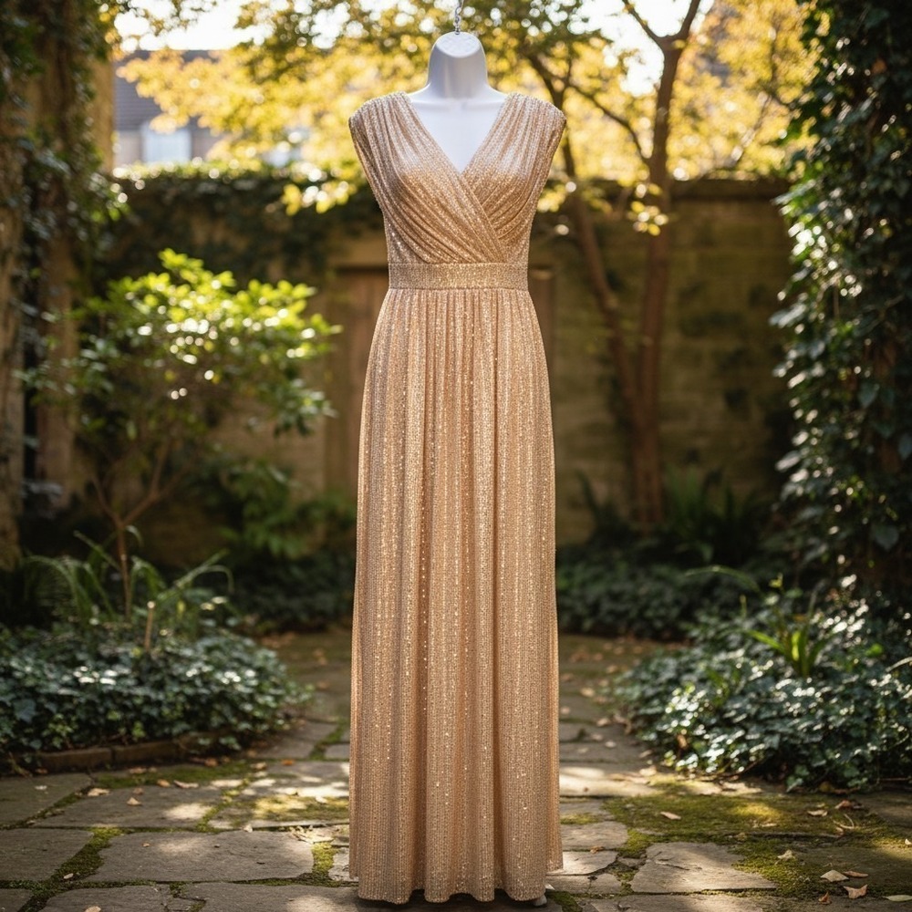 Gold Sequin Maxi Dress 16 V-neck Back Zip Special Occasion Hollywood Glam NWT